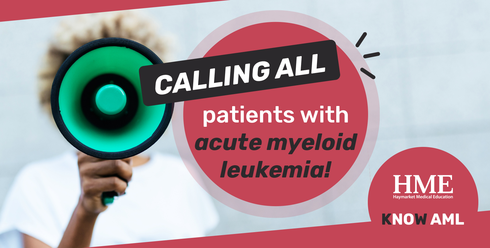 Banner reading 'calling all patients with acute myeloid leukemia'