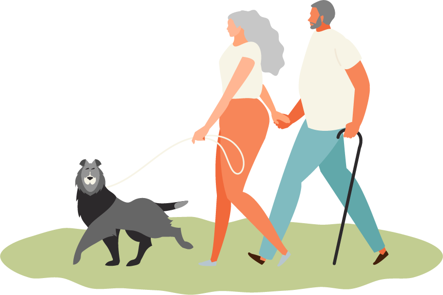 Illustration of two people holding hands and walking with a dog on a leash