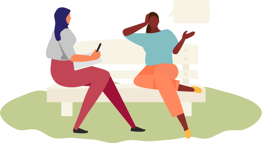Illustration of two people having a conversation on a park bench